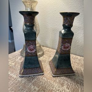 Vintage Oklahoma Importing Co Hand Painted Porcelain 8.5” Pair Candle Holders
